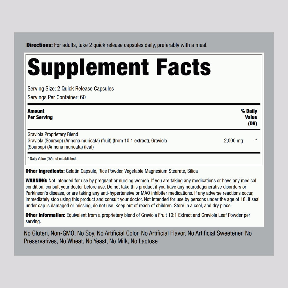 Piping Rock Graviola capsules bottle back label with dosage and ingredients visible.