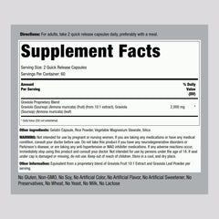 Piping Rock Graviola capsules bottle back label with dosage and ingredients visible.