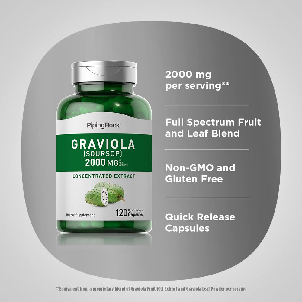 Piping Rock Graviola leaf blend illustration highlights fruit and leaf extract.