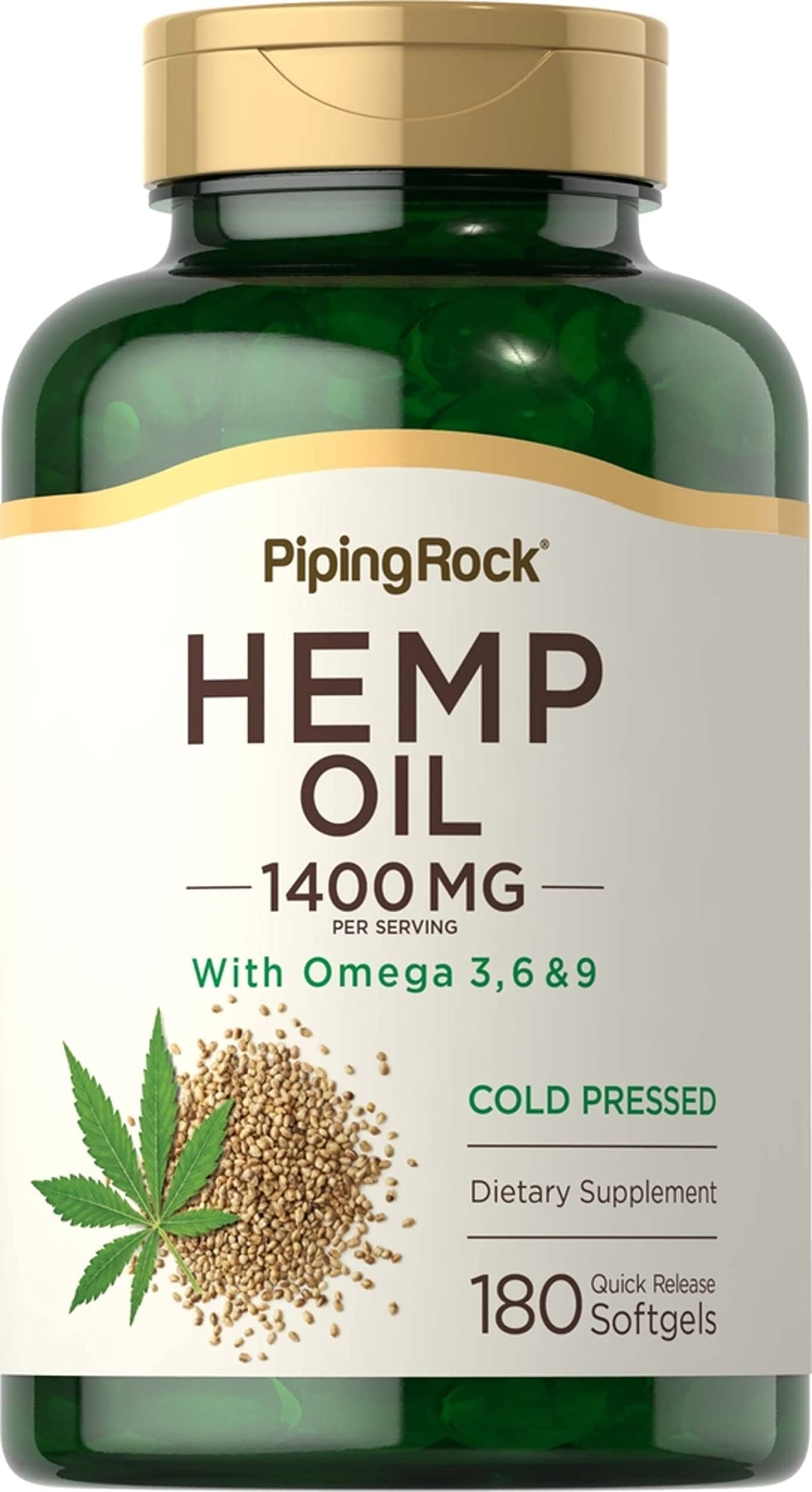 Piping Rock hemp oil capsules bottle highlighting omega 3-6-9 for daily wellness.