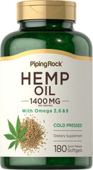Piping Rock hemp oil capsules bottle highlighting omega 3-6-9 for daily wellness.