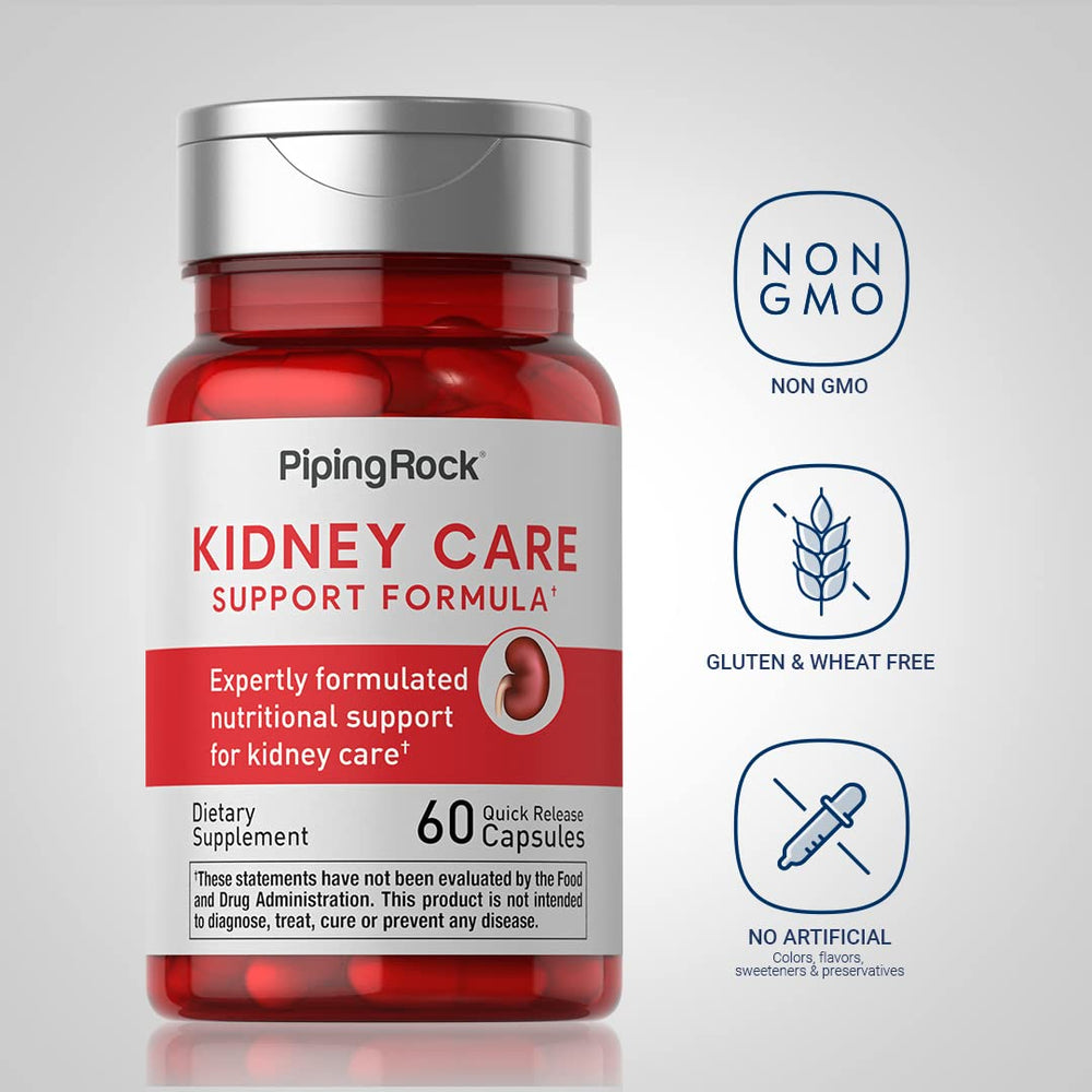 Piping Rock Kidney Support label closeup highlighting gluten-free and non-GMO credentials