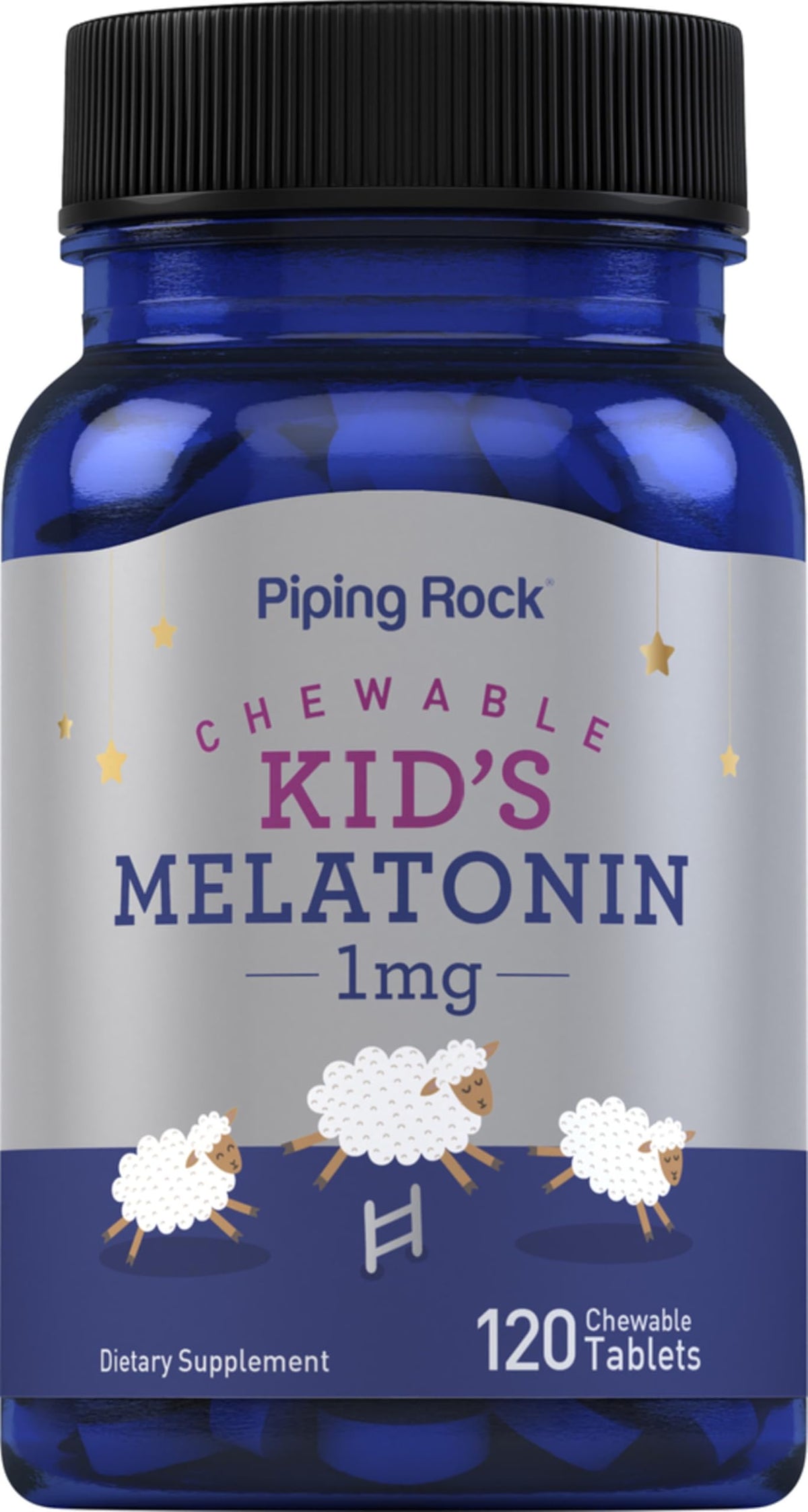 Piping Rock Kids Melatonin 1mg bottle with chewables for gentle nightly support.