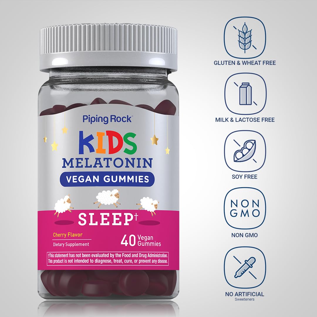 Piping Rock Kids Melatonin Gummy ingredients panel highlights vegan, non-GMO, gluten-free benefits