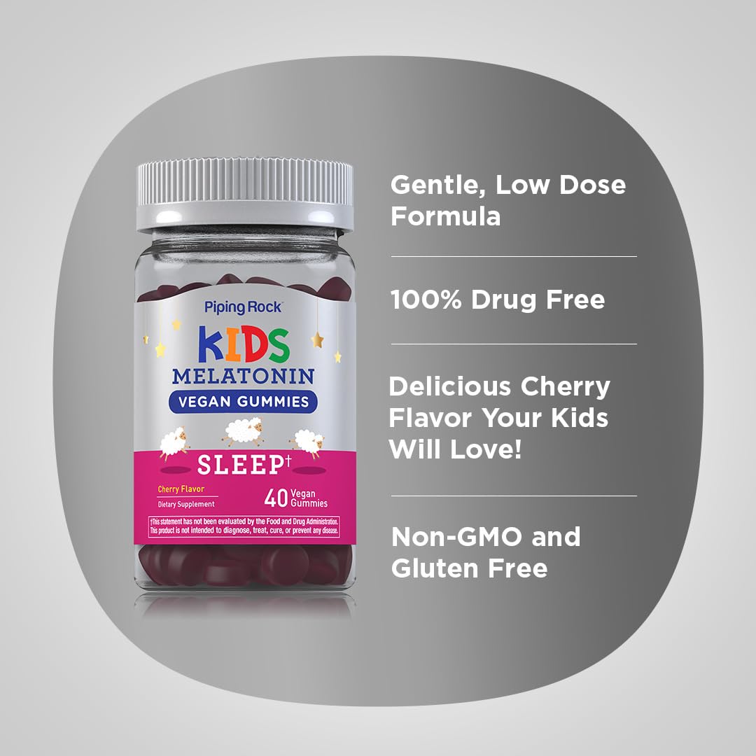 Piping Rock Kids Melatonin Gummy serving suggestion shows convenient chewable bedtime option