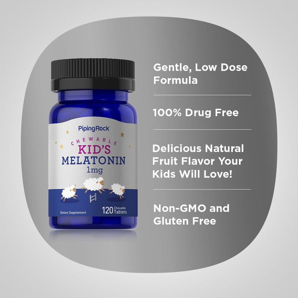 Piping Rock Kids Melatonin ingredients label, showing Non-GMO and Gluten-Free certification.