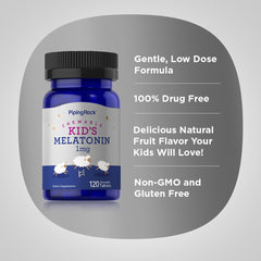 Piping Rock Kids Melatonin ingredients label, showing Non-GMO and Gluten-Free certification.