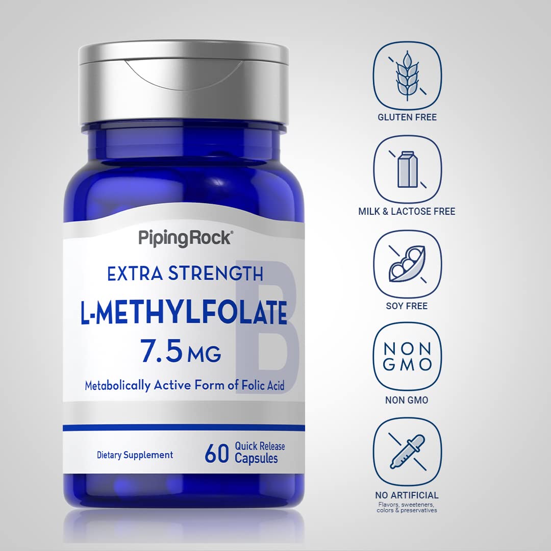 Piping Rock L-Methylfolate capsules beside gluten-free and non-GMO badges