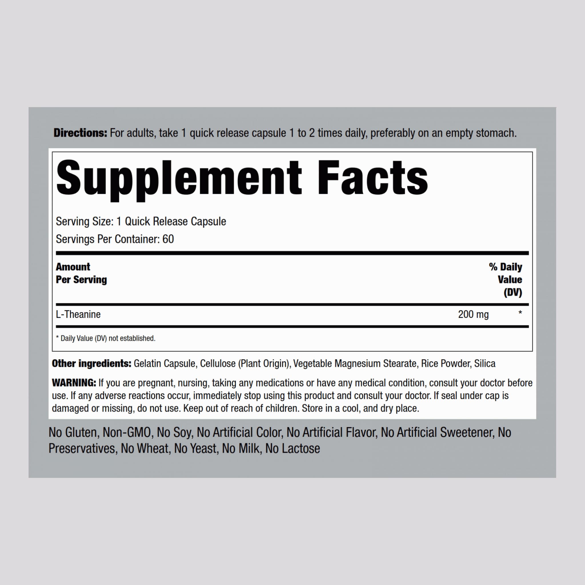 Piping Rock L-Theanine 60 capsules close-up highlighting easy daily dosing.