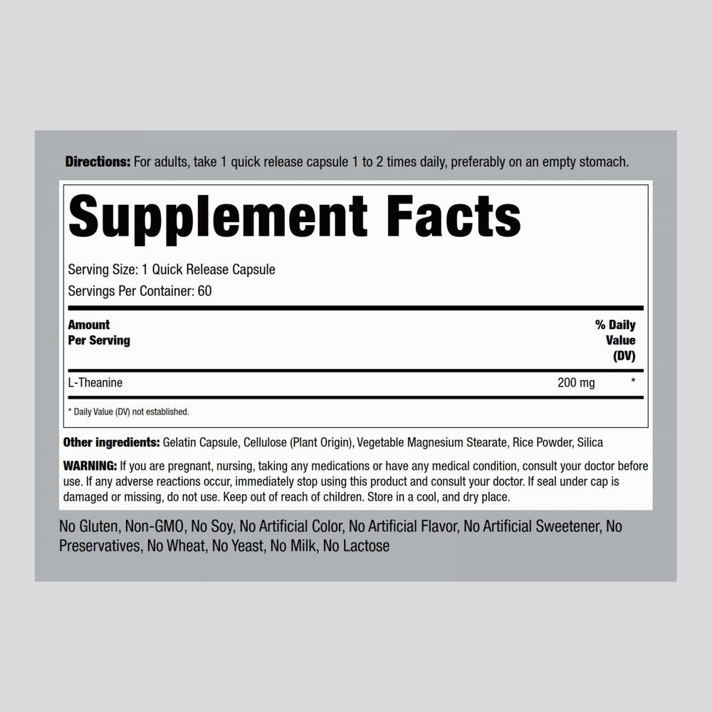 Piping Rock L-Theanine 60 capsules close-up highlighting easy daily dosing.