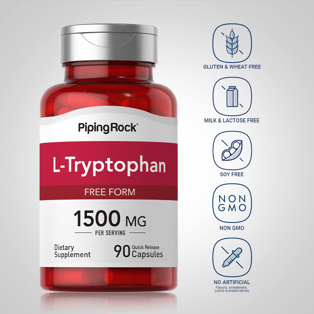 Piping Rock L-Tryptophan 1500 mg bottle label signals therapeutic grade quality.