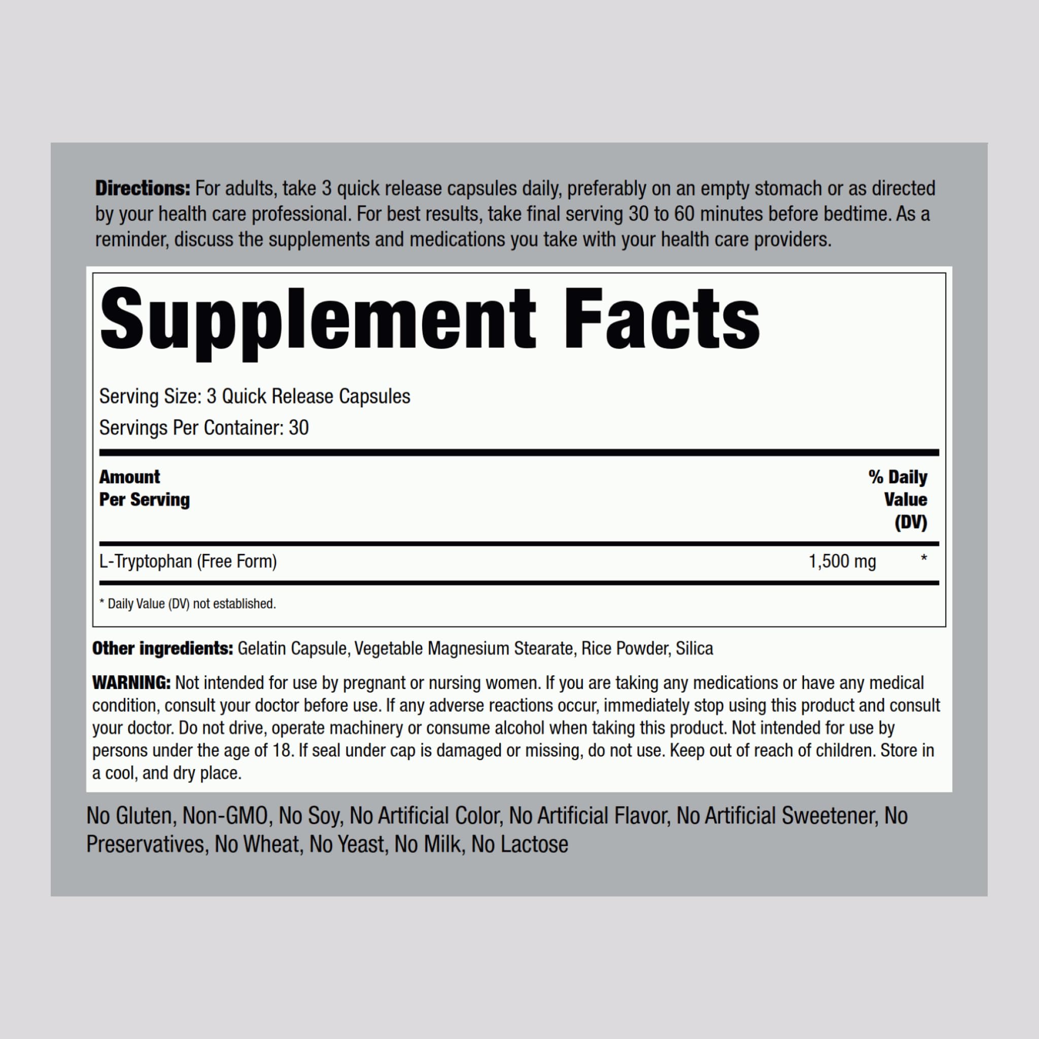Piping Rock L-Tryptophan 1500 mg capsules close-up highlights quick-release design.