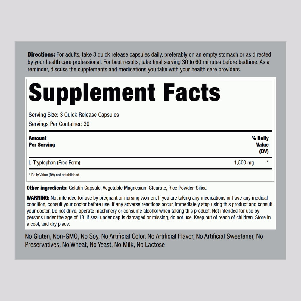 Piping Rock L-Tryptophan 1500 mg capsules close-up highlights quick-release design.