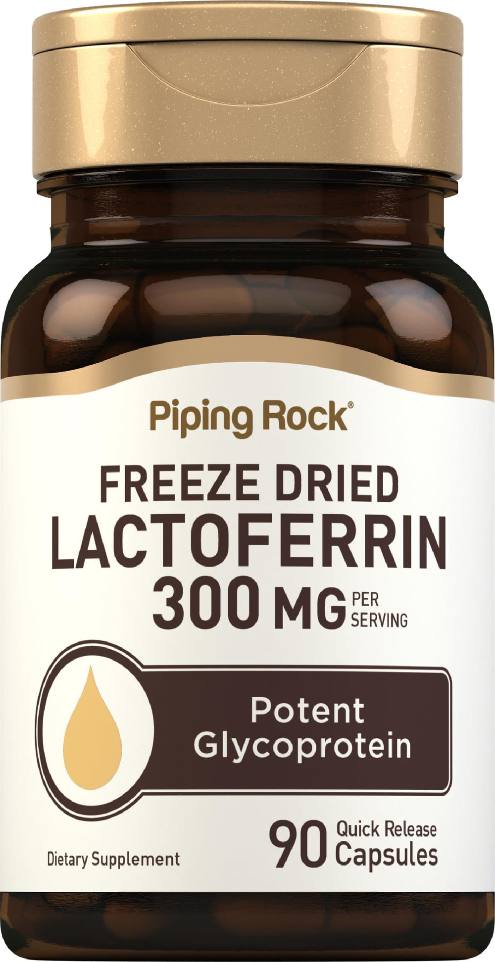 Piping Rock Lactoferrin 300mg bottle shows label; convenient capsule for daily use.