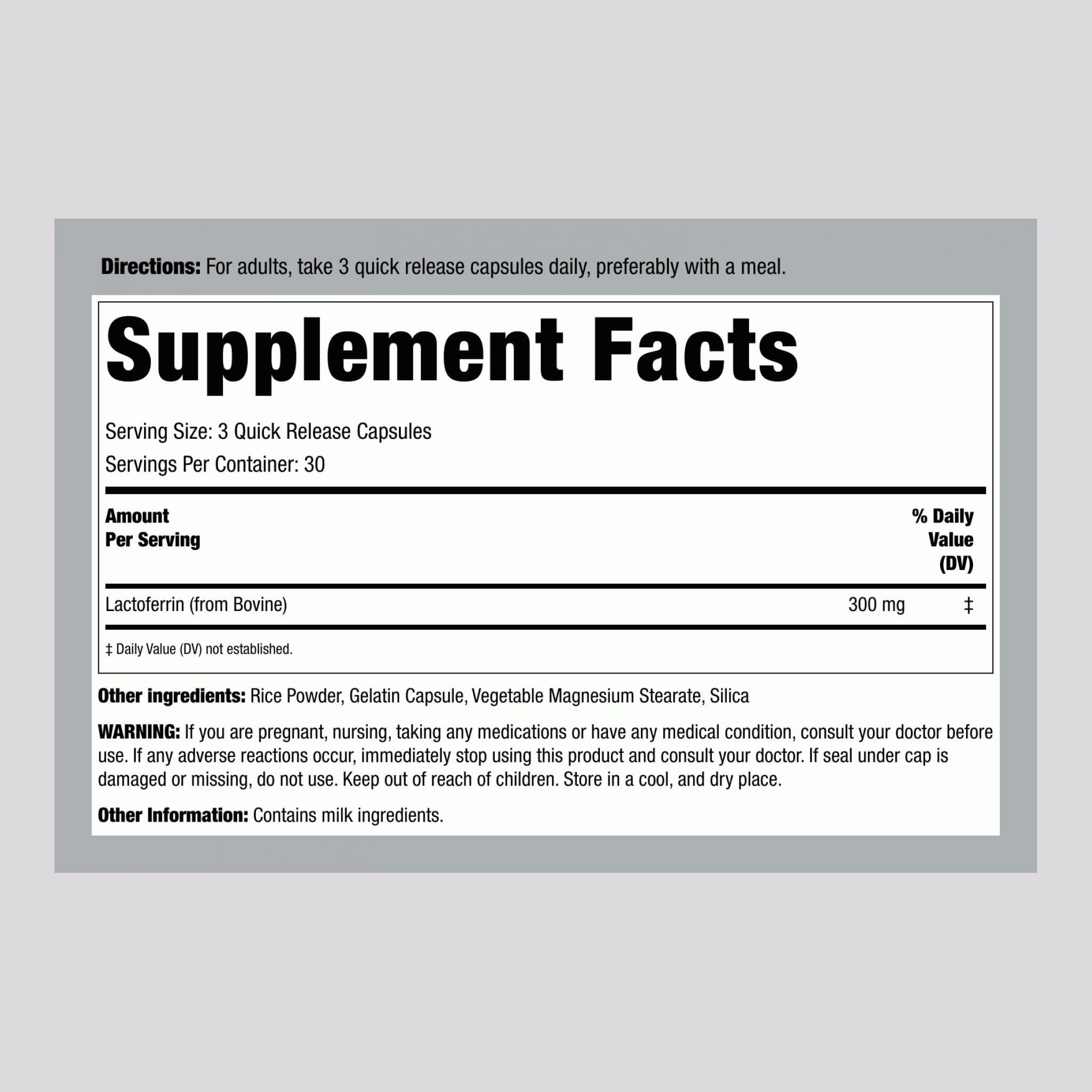 Piping Rock Lactoferrin capsules close-up; freeze-dried glycoprotein in easy-to-swallow form.