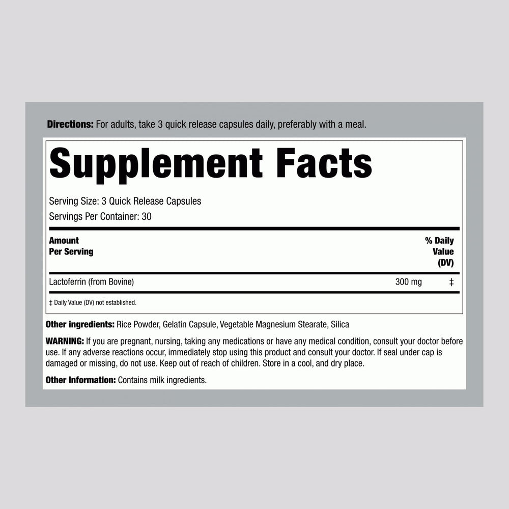 Piping Rock Lactoferrin capsules close-up; freeze-dried glycoprotein in easy-to-swallow form.