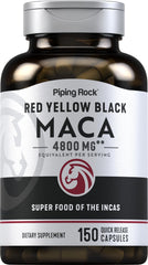 Piping Rock Maca Root Capsules bottle shows red, yellow, and black maca blend for daily use.