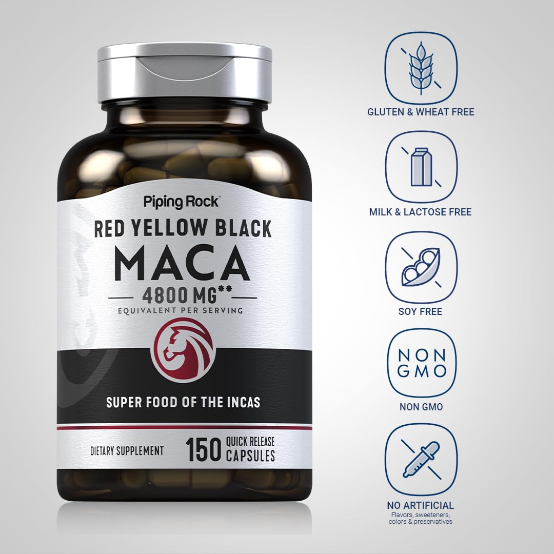 Piping Rock Maca Root Capsules color-variety arrangement shows three maca colors.