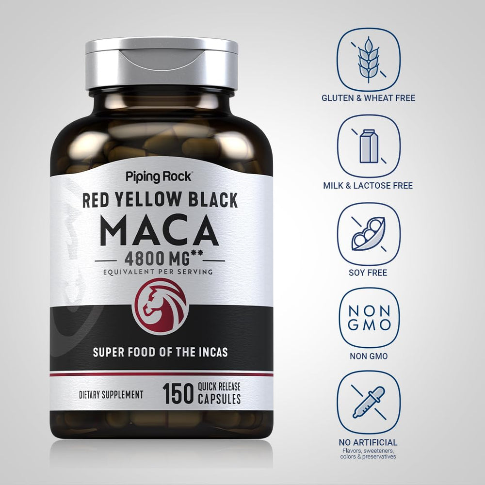 Piping Rock Maca Root Capsules color-variety arrangement shows three maca colors.