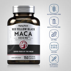 Piping Rock Maca Root Capsules color-variety arrangement shows three maca colors.