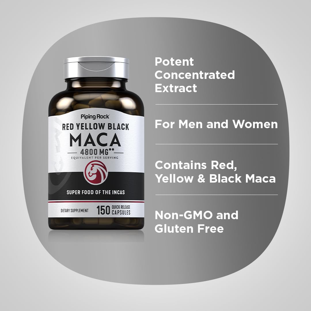 Piping Rock Maca Root Capsules with a glass of water suggests easy daily use.