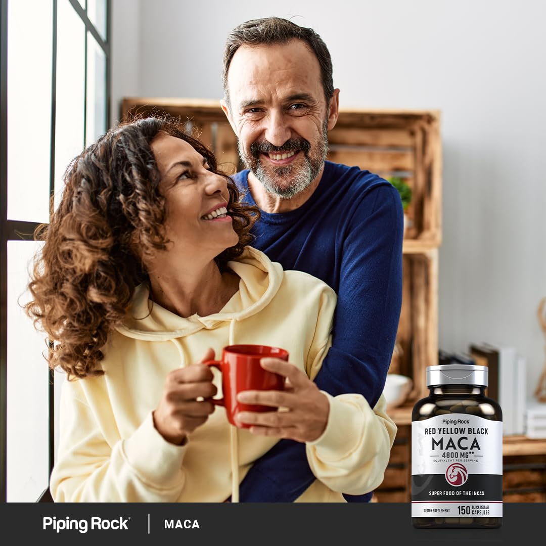 Piping Rock Maca Root Capsules gluten-free and non-GMO label visible on the bottle.