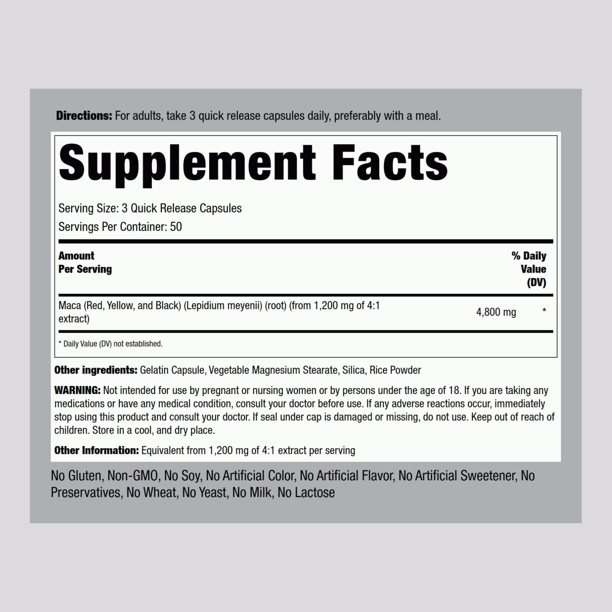 Piping Rock Maca Root Capsules packaging closeup highlights labeling and non-GMO claim.