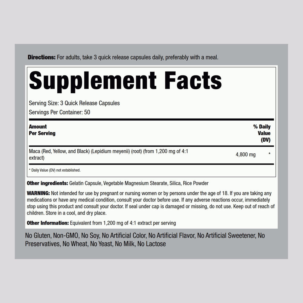 Piping Rock Maca Root Capsules packaging closeup highlights labeling and non-GMO claim.