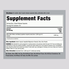 Piping Rock Maca Root Capsules packaging closeup highlights labeling and non-GMO claim.