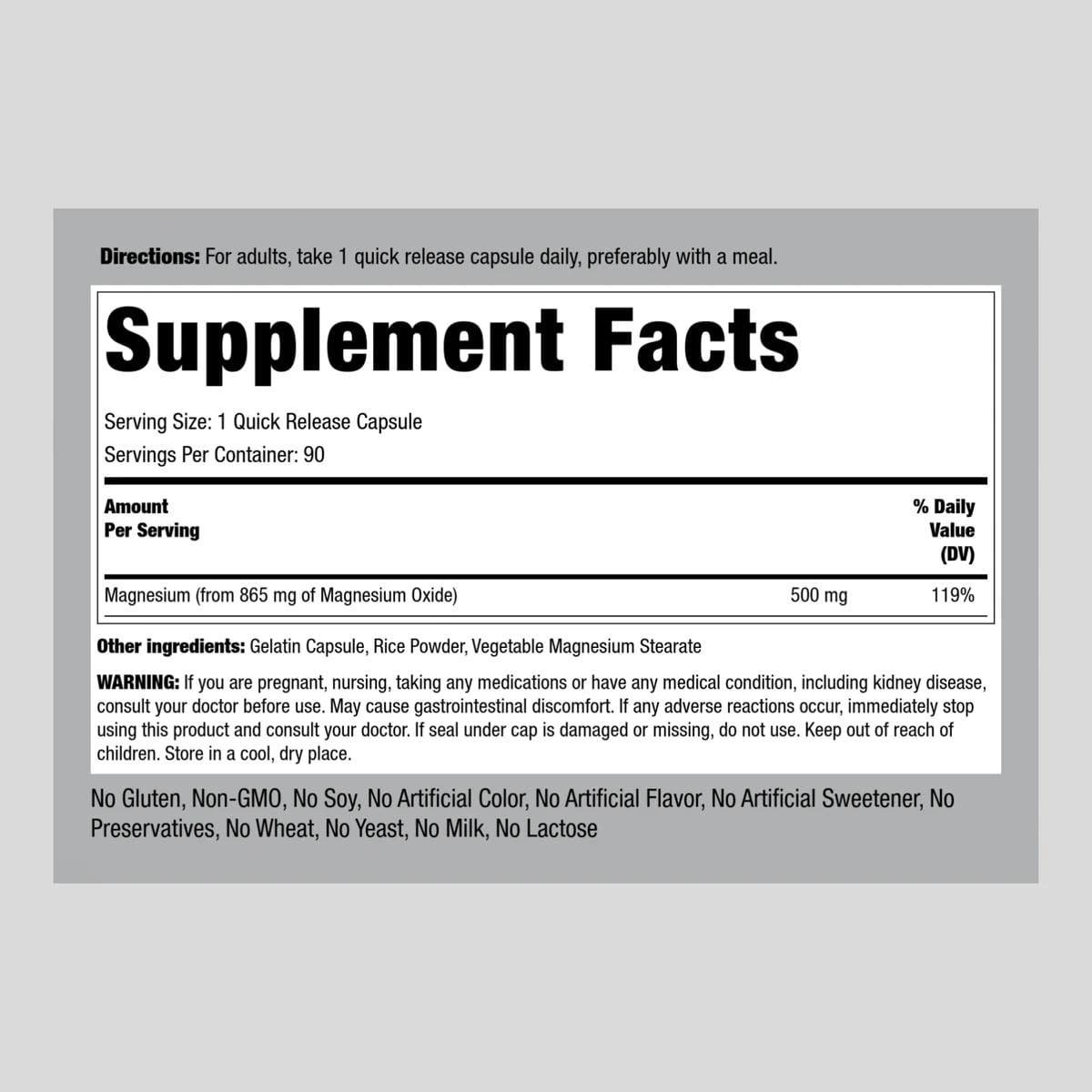 Close-up of Piping Rock magnesium oxide 500mg capsules for quick-release convenience