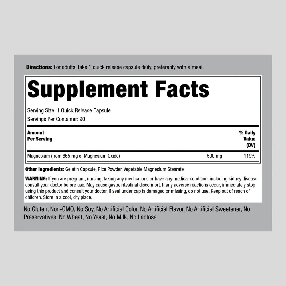 Close-up of Piping Rock magnesium oxide 500mg capsules for quick-release convenience