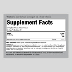 Close-up of Piping Rock magnesium oxide 500mg capsules for quick-release convenience