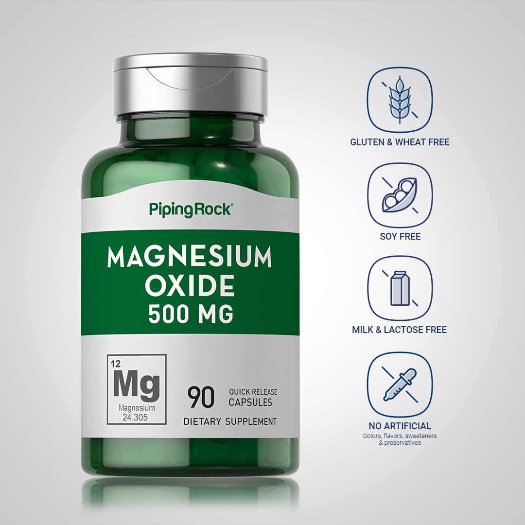 Piping Rock magnesium oxide 500mg label shows non-GMO and gluten-free features