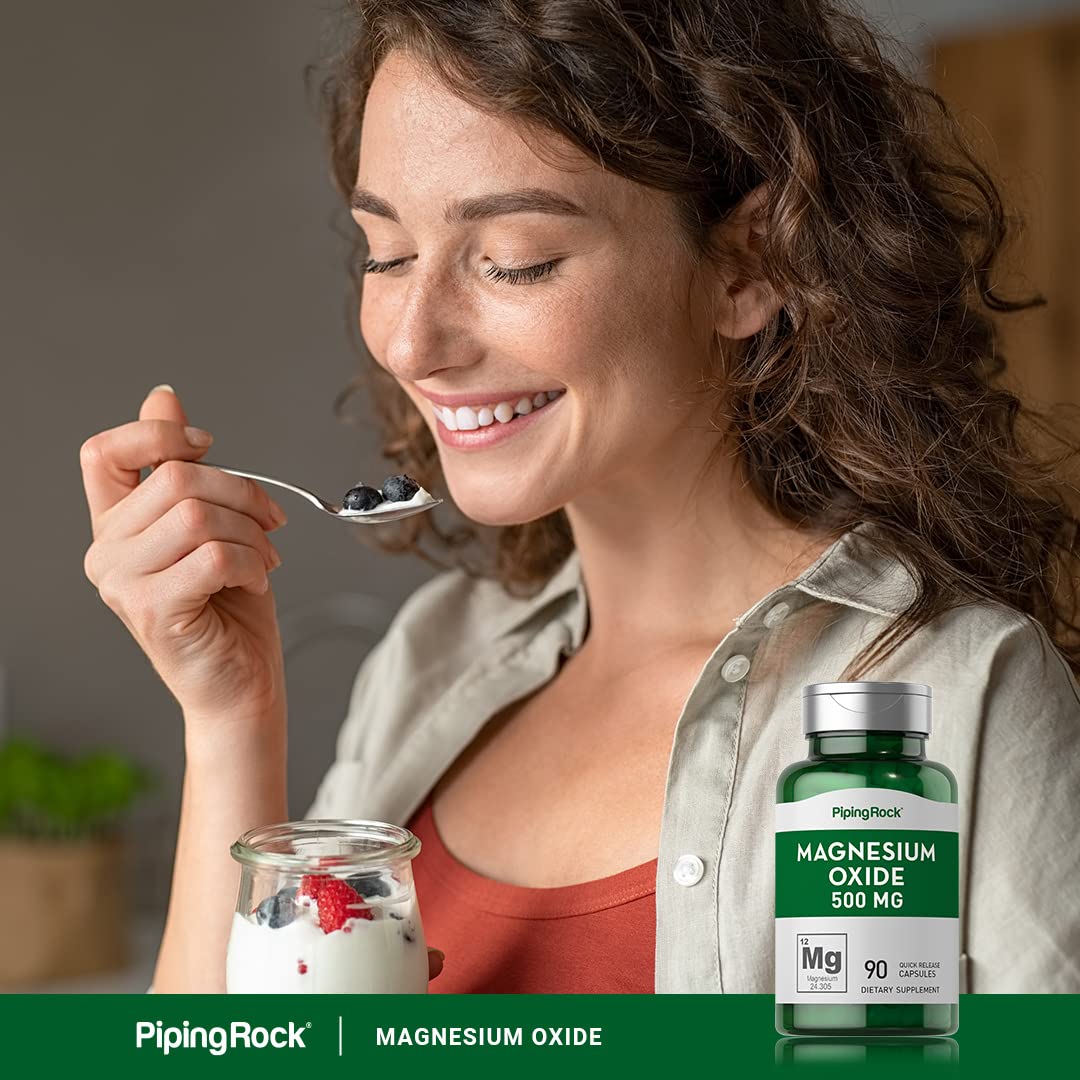 Piping Rock magnesium oxide 500mg capsules in bottle for daily use