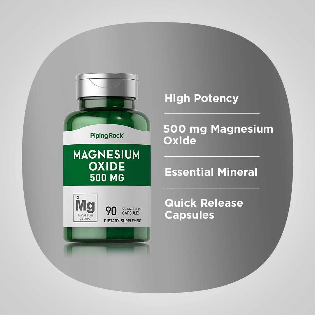 Piping Rock magnesium oxide 500mg seal on bottle packaging indicating quality