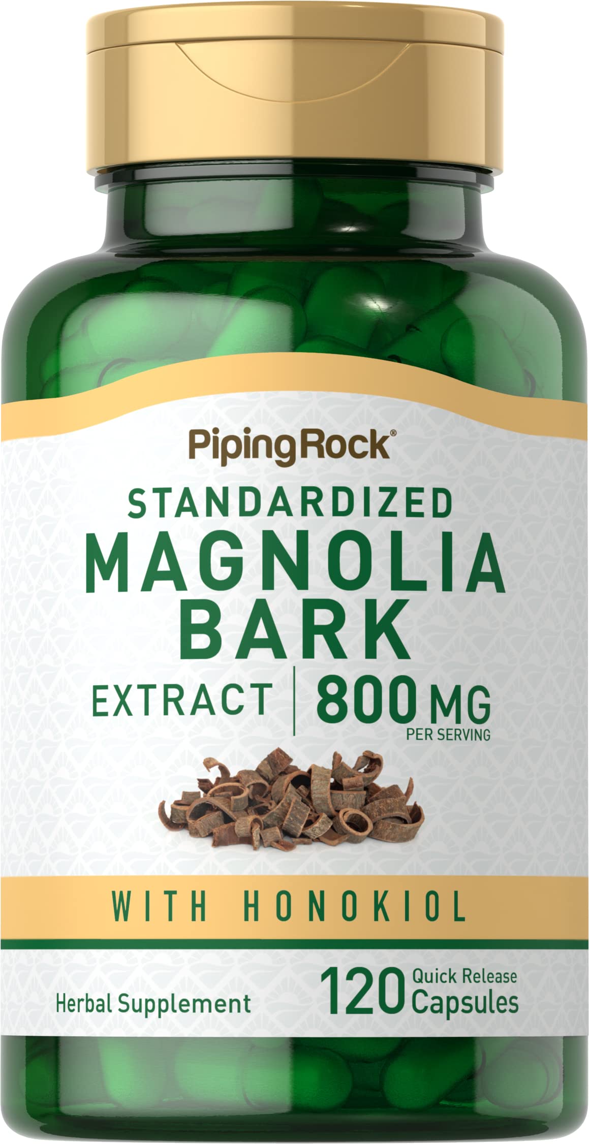 Piping Rock Magnolia Bark Extract 800mg bottle with clear label for daily wellness.
