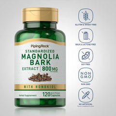 Piping Rock Magnolia Bark Extract label close-up shows 800 mg per serving.