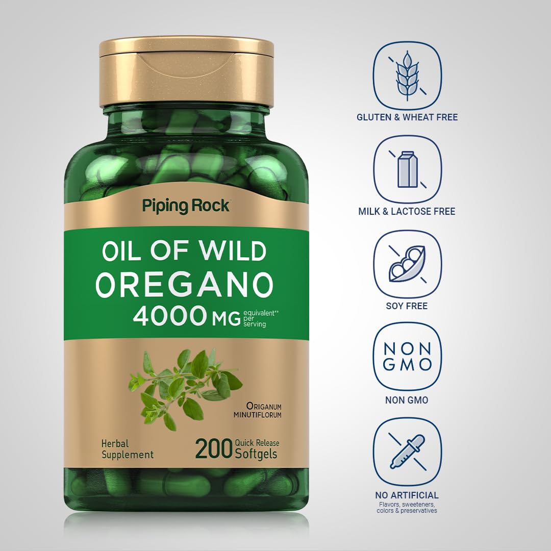 Piping Rock Mediterranean oregano label on bottle emphasizes quality.