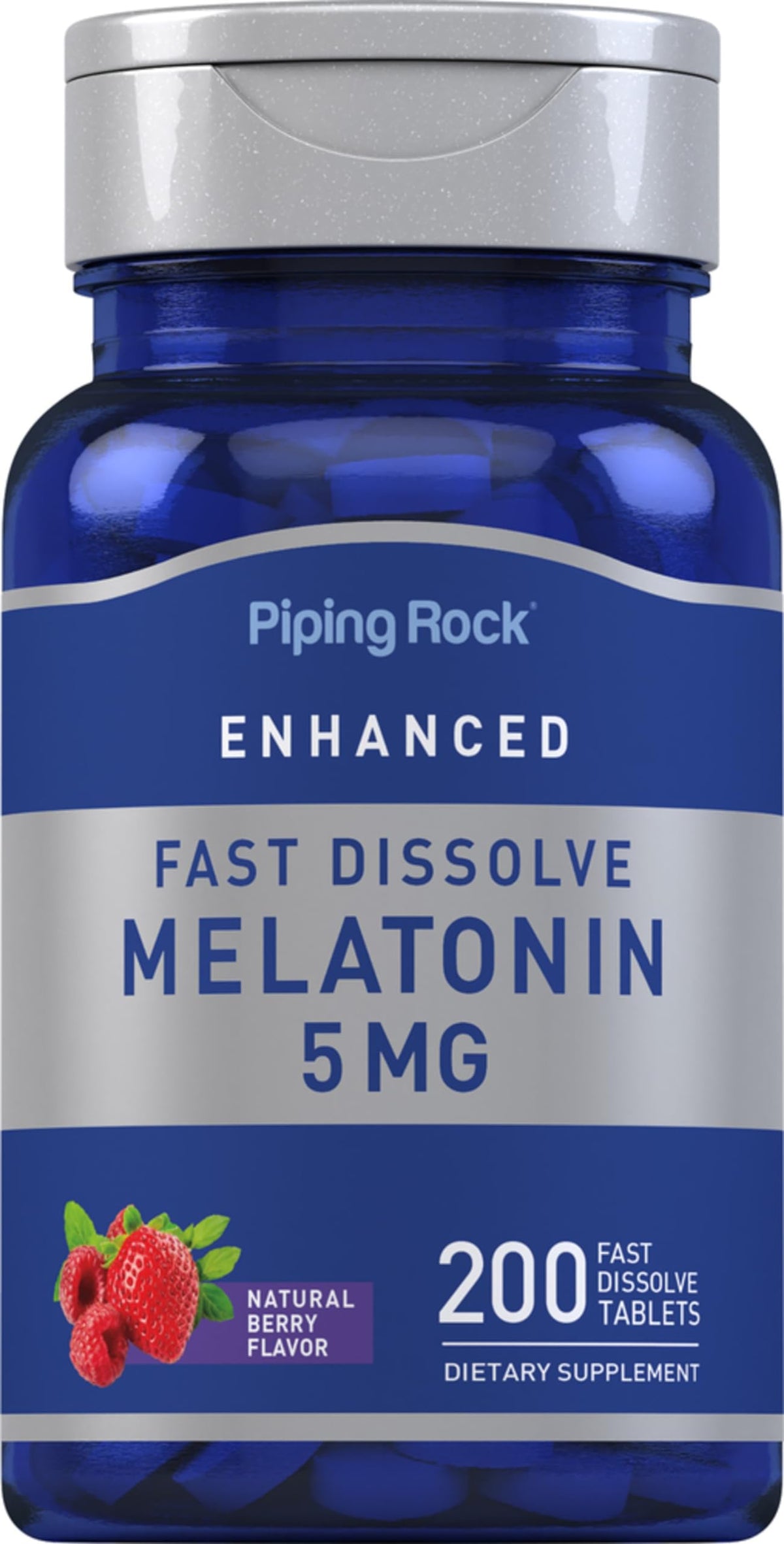 Piping Rock Melatonin 5mg berry tablets support a calm evening routine.