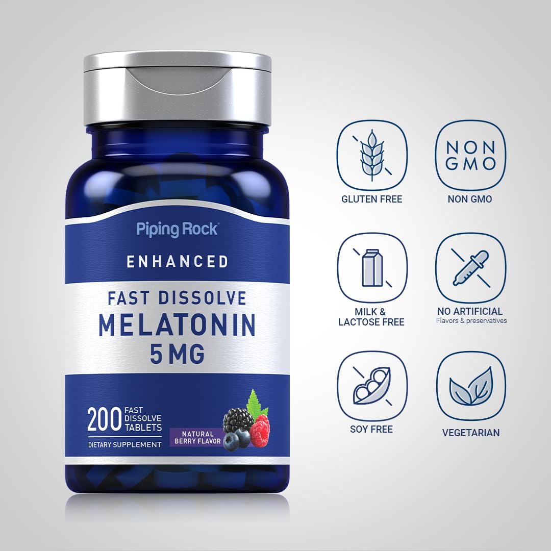 Piping Rock melatonin berry flavored tablets close-up for easy swallowing.