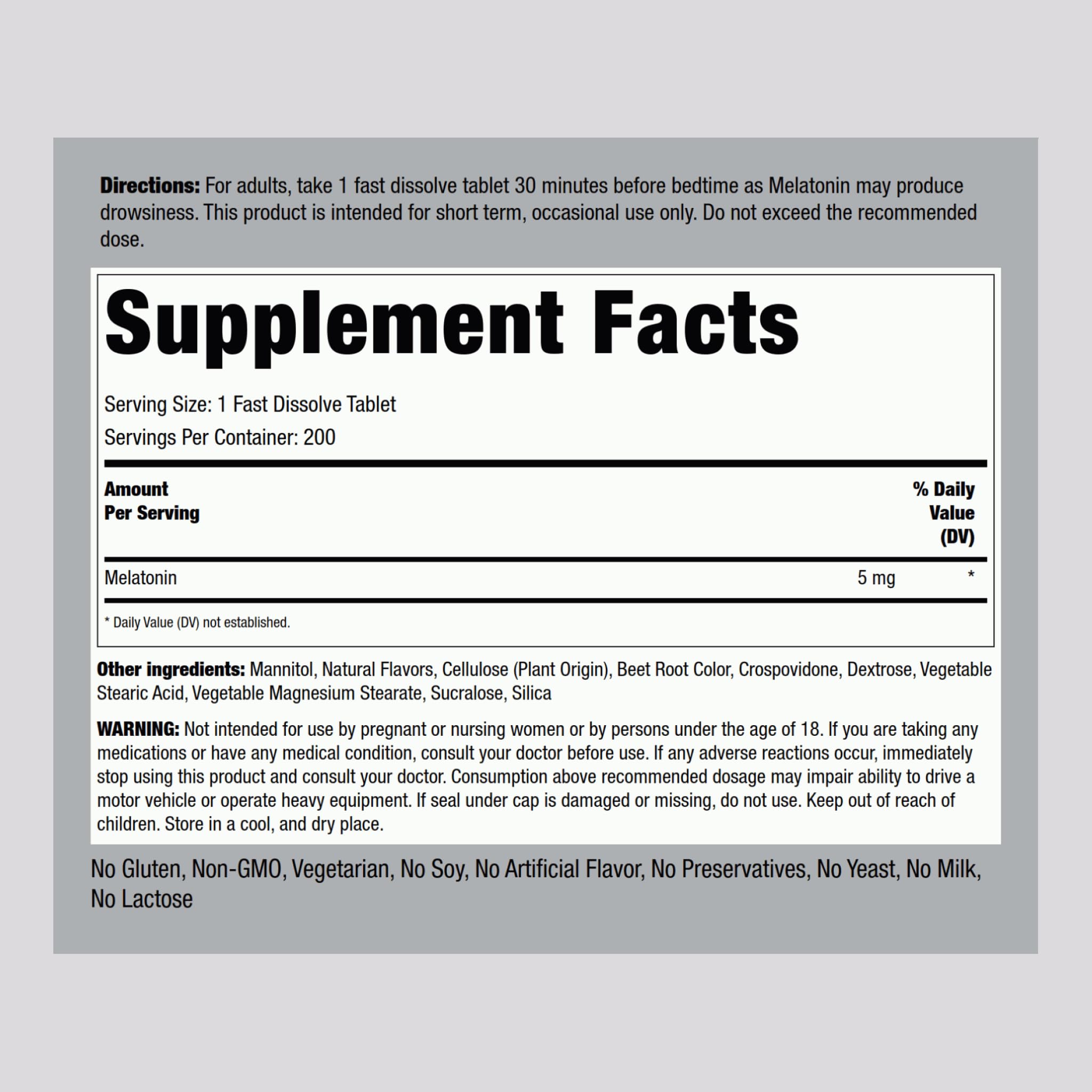 Piping Rock Melatonin bottle front view shows berry labeling.