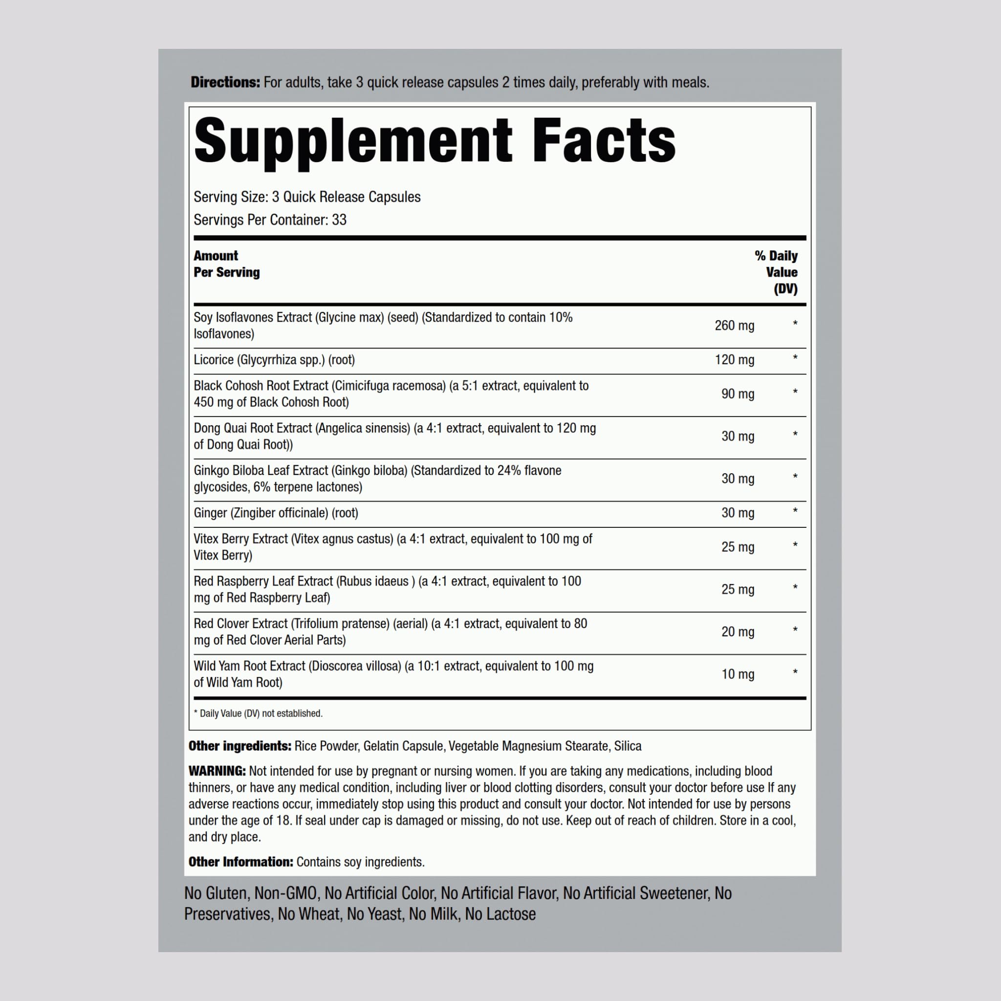 Piping Rock Menopause bottle back lists directions and ingredients for clarity.
