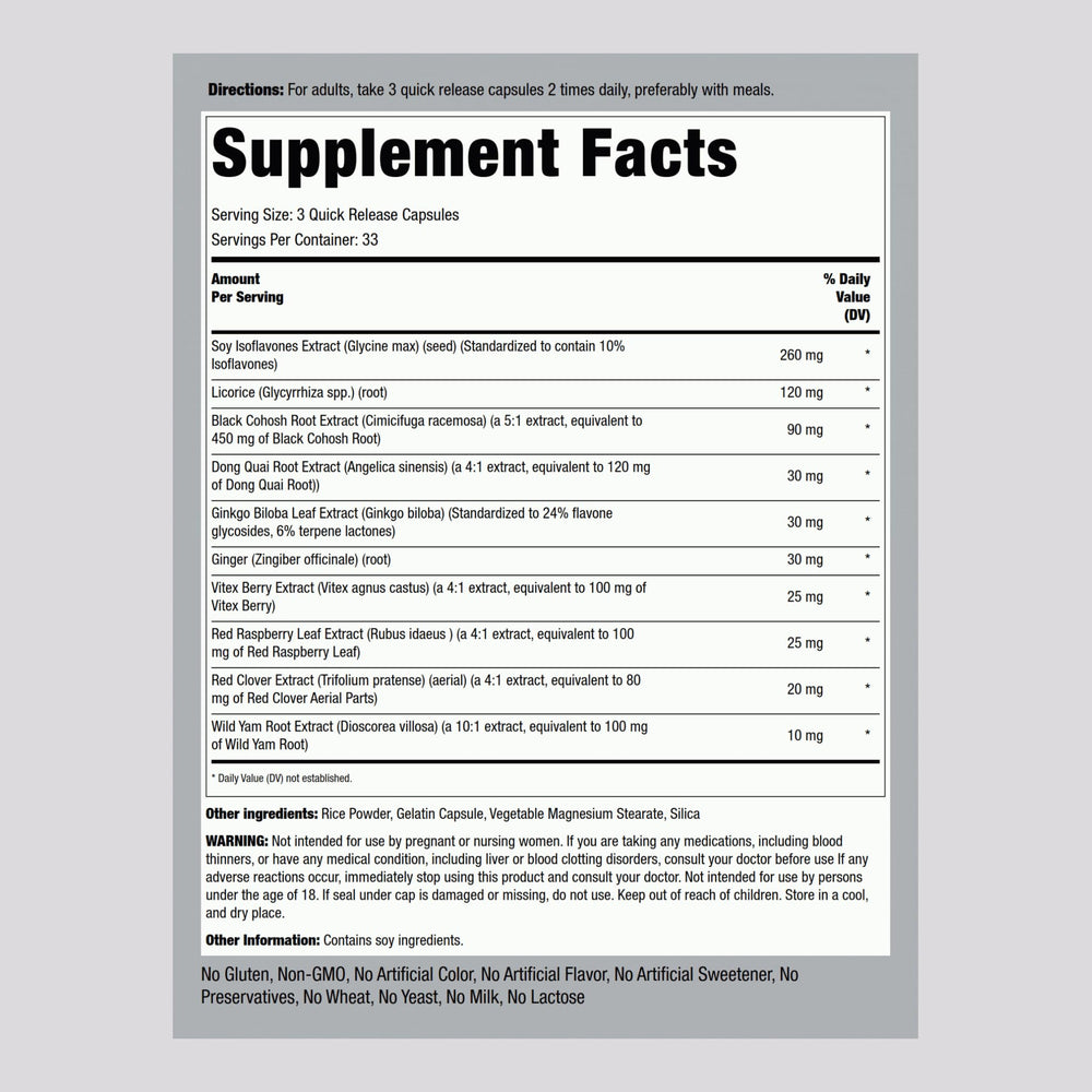 Piping Rock Menopause bottle back lists directions and ingredients for clarity.