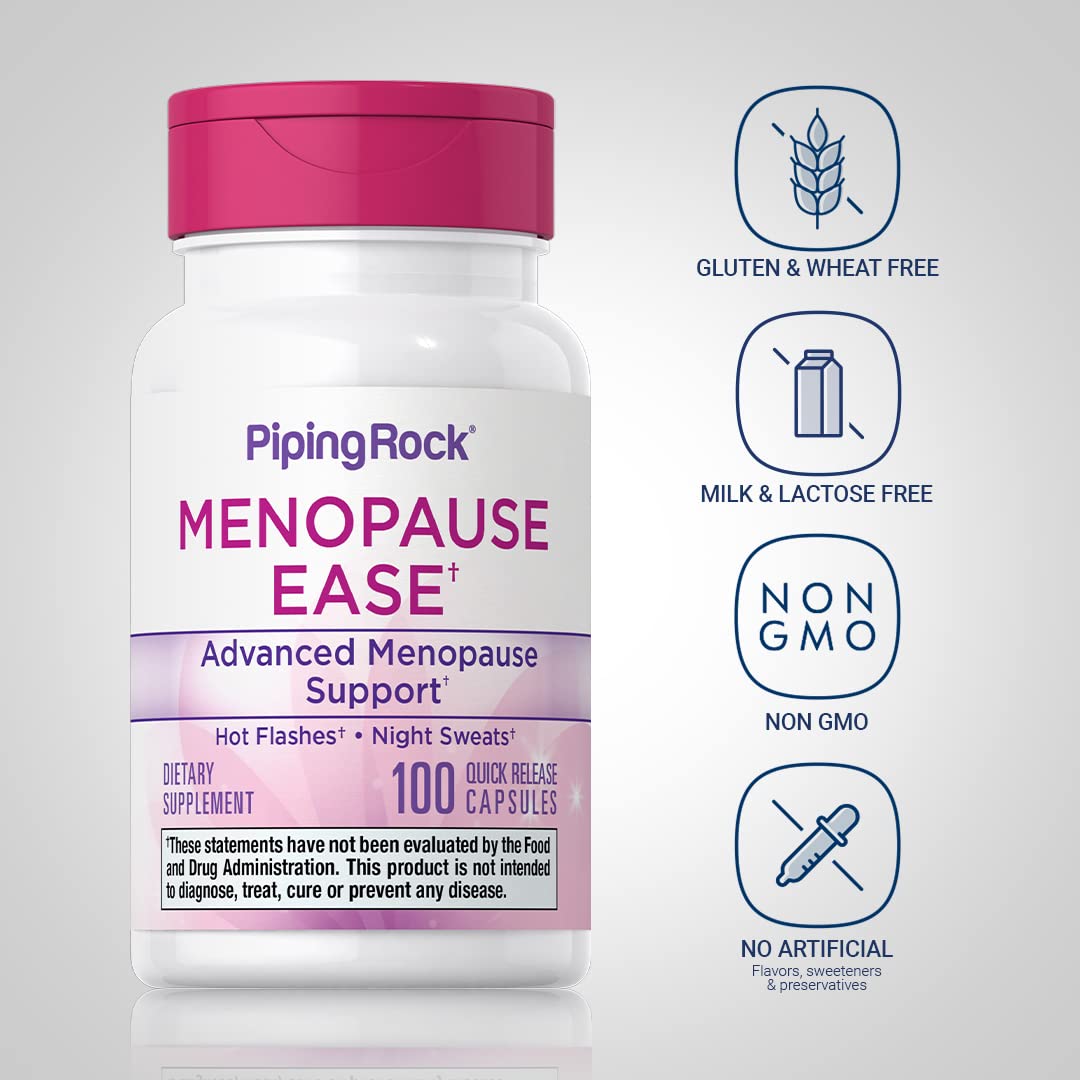 Piping Rock Menopause capsules closeup highlights quick-release capsules for convenience.