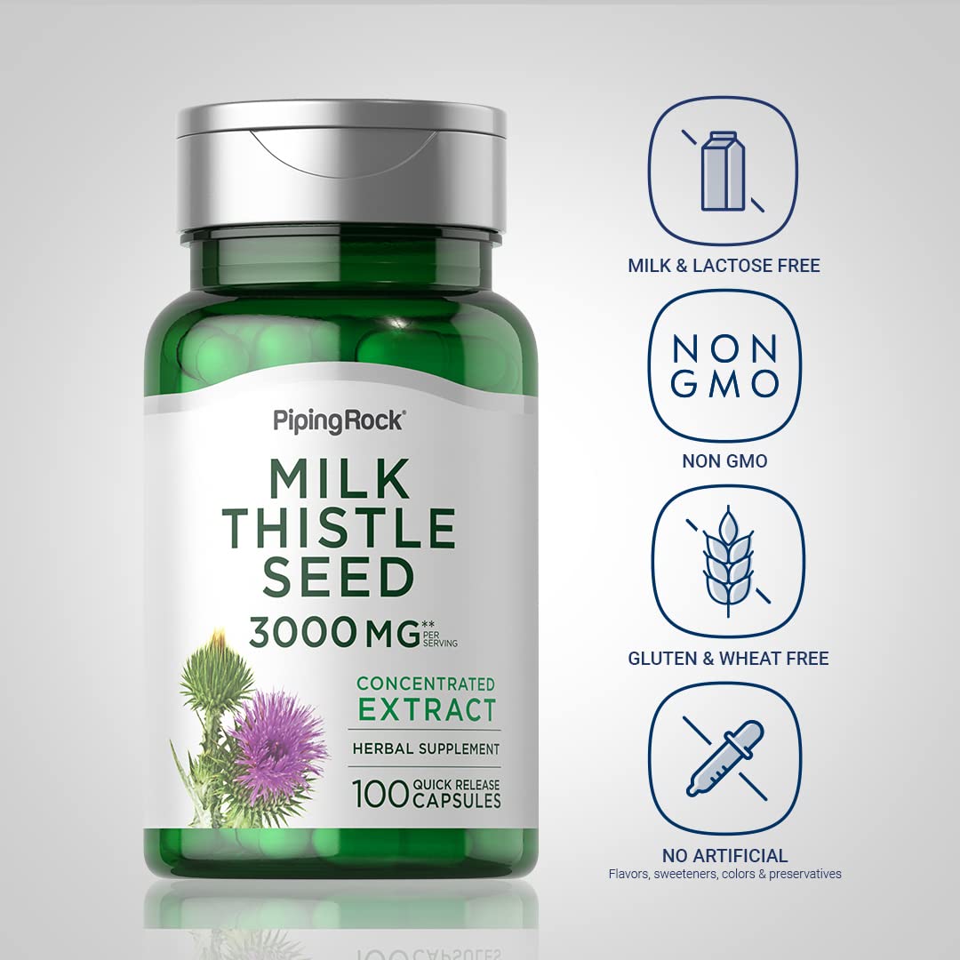 Piping Rock Milk Thistle 3000mg label closeup highlights the premium formula for daily use.