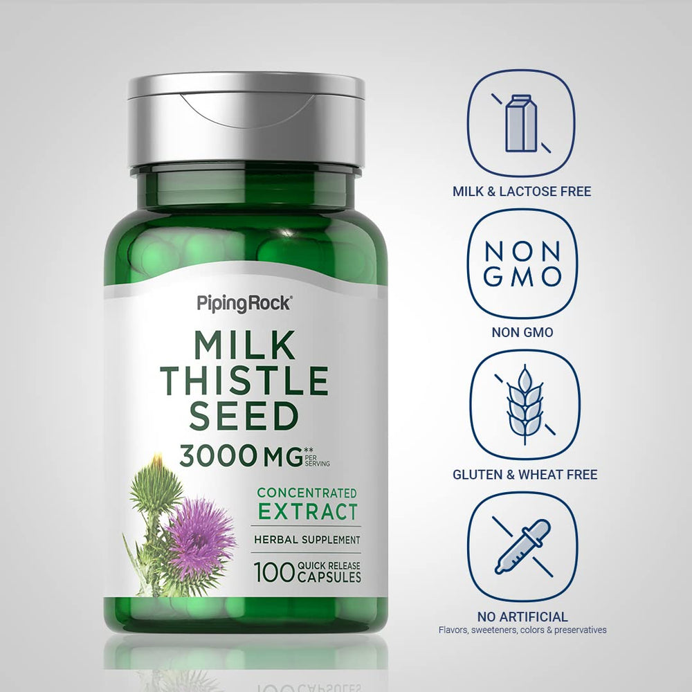 Piping Rock Milk Thistle 3000mg label closeup highlights the premium formula for daily use.