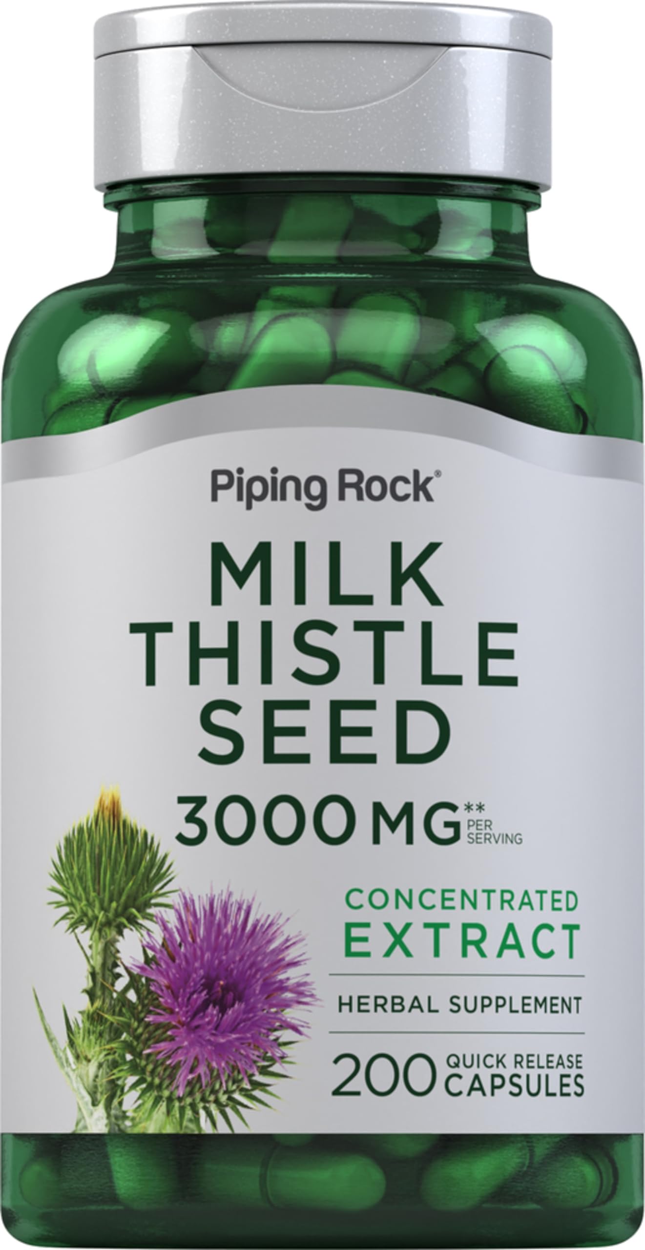 Piping Rock Milk Thistle bottle label with 3000mg per serving for daily herbal support.