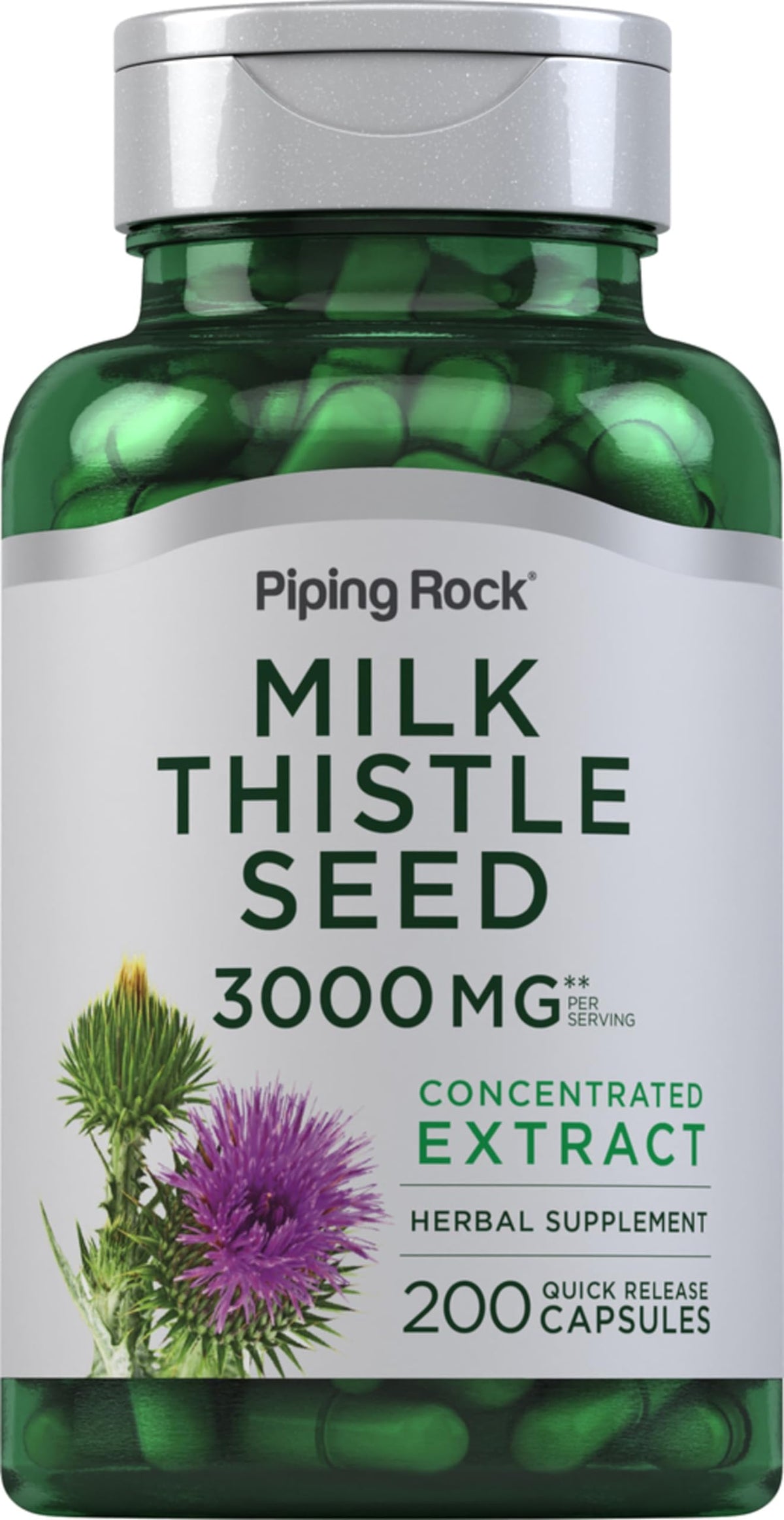 Piping Rock Milk Thistle bottle label with 3000mg per serving for daily herbal support.