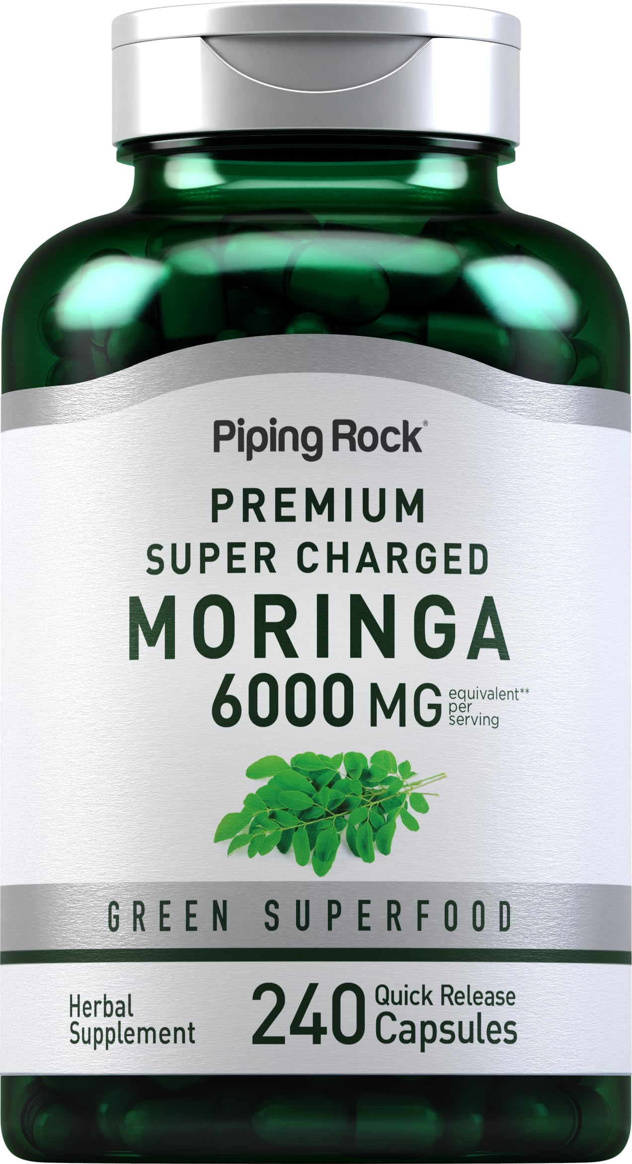 Piping Rock Moringa capsules bottle front highlighting quick-release capsules for daily use.