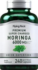 Piping Rock Moringa capsules bottle front highlighting quick-release capsules for daily use.